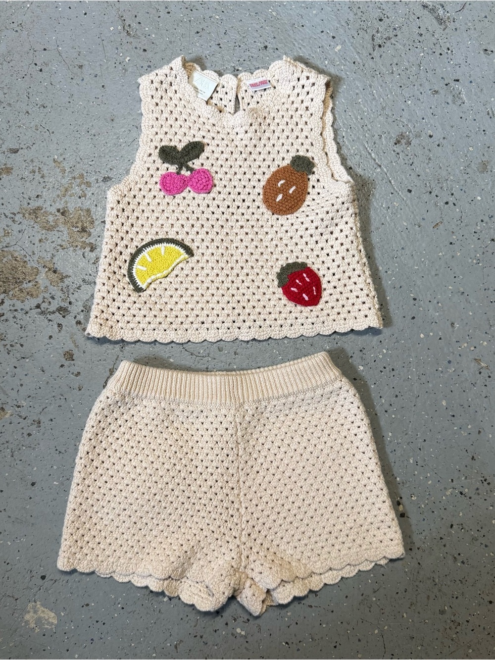Zara crochet knit floral tank and shorts cream embroidered